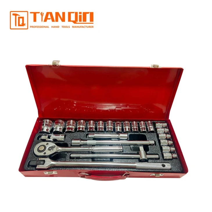 24 PCS Chrome Plated F-Handle & Socket Wrench Set (Tin Box Packaging)